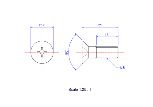 Drawing of Flat countersunk head ceramic screw M8x25L Metric.