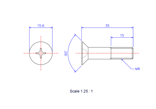 Drawing of Flat countersunk head ceramic screw M8x35L Metric.
