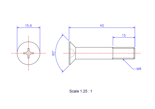 Drawing of Flat countersunk head ceramic screw M8x45L Metric.