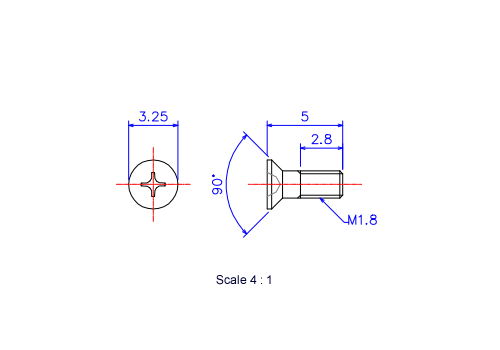 Drawing of Flat countersunk head ceramic screw M2x3L Metric.