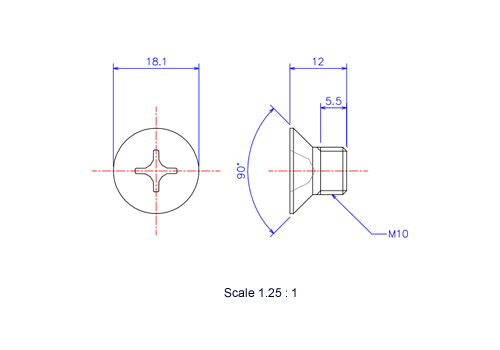 Drawing of Flat countersunk head ceramic screw M10x12L Metric.