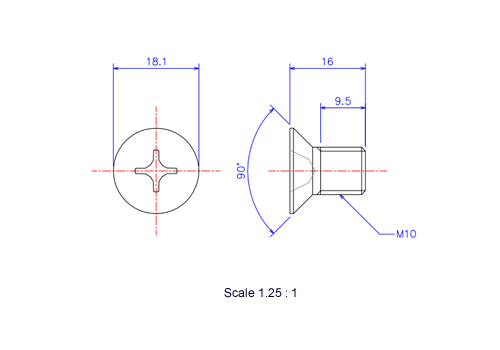 Drawing of Flat countersunk head ceramic screw M10x16L Metric.