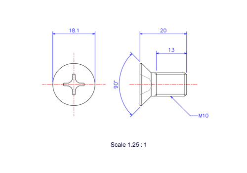 Drawing of Flat countersunk head ceramic screw M10x20L Metric.
