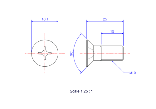 Drawing of Flat countersunk head ceramic screw M10x25L Metric.
