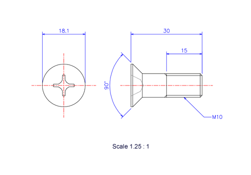 Drawing of Flat countersunk head ceramic screw M10x30L Metric.