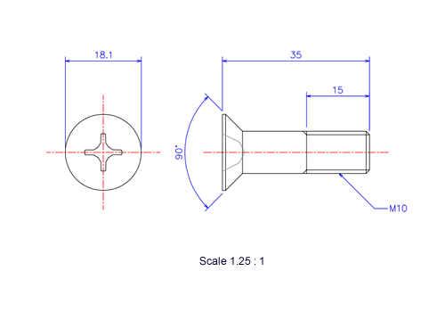 Drawing of Flat countersunk head ceramic screw M10x35L Metric.