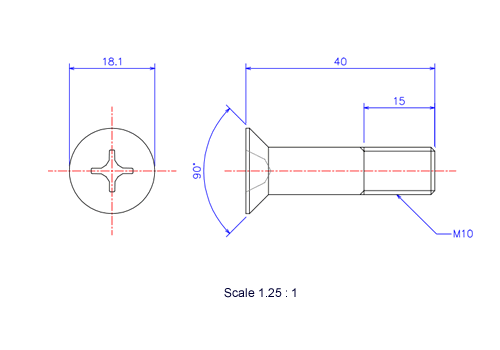 Drawing of Flat countersunk head ceramic screw M10x40L Metric.