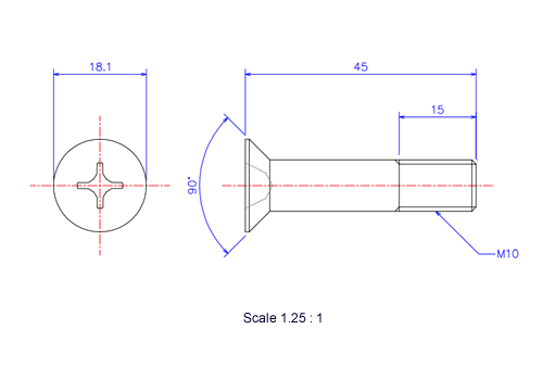Drawing of Flat countersunk head ceramic screw M10x45L Metric.