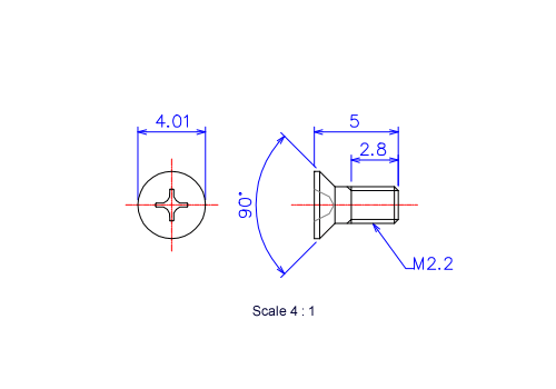Drawing of Flat countersunk head ceramic screw M2.2x5L Metric.
