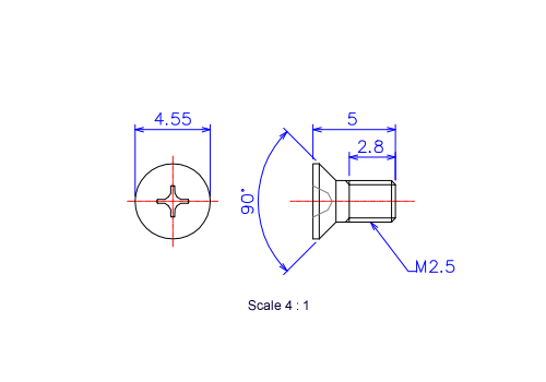 Drawing of Flat countersunk head ceramic screw M2.5x5L Metric.