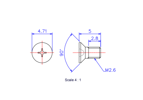Drawing of Flat countersunk head ceramic screw M2.6x5L Metric.